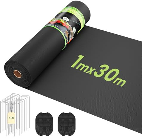 OUNUO Toile de Paillage 1mx30m avec 50 Piquets, Géotextile Non Tissé 100 g/m², Anti-Mauvaises Herbes Tissu, Perméable à l'eau, Résiste Rayons UV, Résistant, Noir