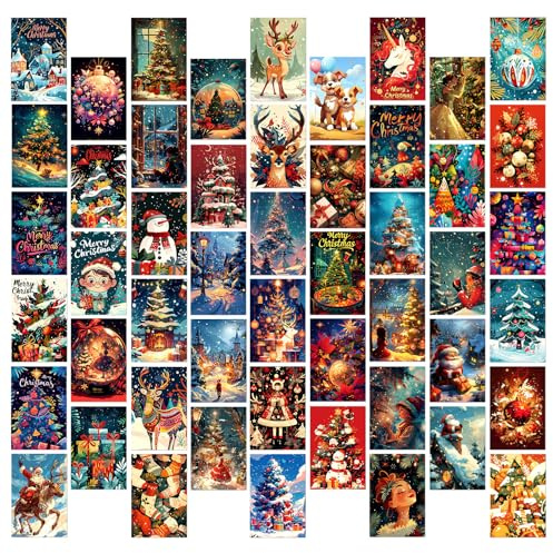 50pcs Vintage Christmas Postcards Merry Xmas Greeting Cards Posters Card Wall Art Decoration Christmas Post Card Set Scrapbooking Paper for DIY Craft Home Decor (C)