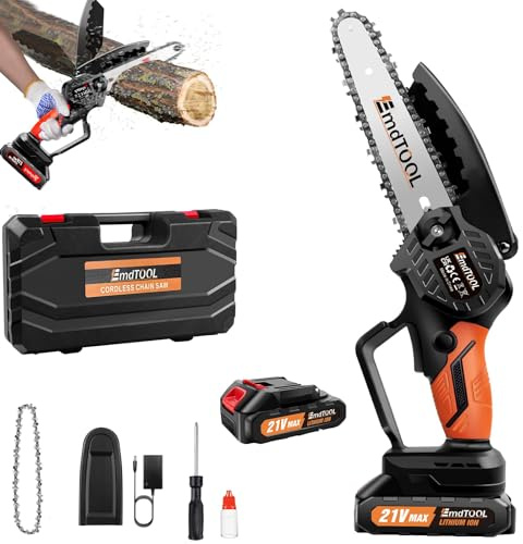 Sierra de cadena a batería de 21 V con batería, 2 cadenas, 6 pulgadas, naranja, motosierra eléctrica con una sola mano, con cerradura de seguridad para jardinería, poda de árboles, corte de