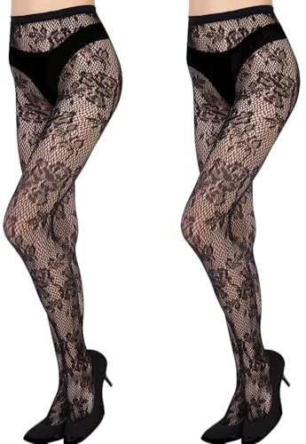 SIMYJOY 2 Paires Collant Fantaisie Femme Collant Dentelle Noire Femme Taille Haute Élastique Collants Sexy Bas Résille