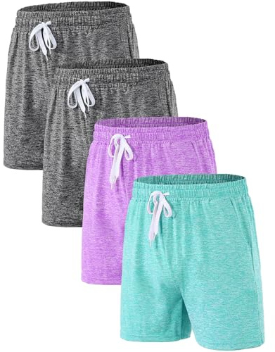 Mexholin 4 Pack Girls Sports Shorts with Pockets Girls Cycling Shorts Summer Casual Kids School PE Athletic Short for Gym Dance Running Black/Black/Purple/Green M