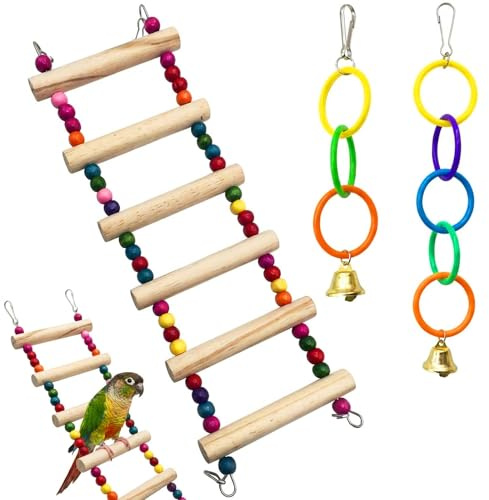 Bird Toys, Parrot Toys for Caged Birds, Interactive Bird Toy with 6-Rung Ladder and Colourful Rings, Budgie Toys Set of 3.