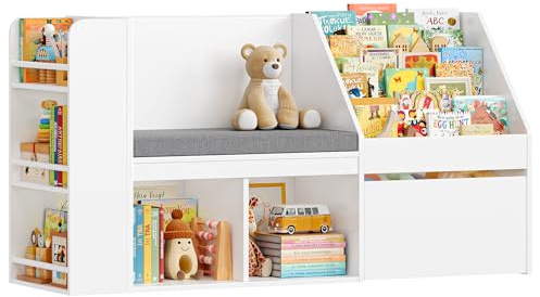 HOCSOK Kinderregal, Bücherregal Kinder mit Boxen auf Rollen, Spielzeugregal Kinderregal Aufbewahrung mit Sitzbank, Regal Kinderzimmer Weiß, 68×34×125 cm