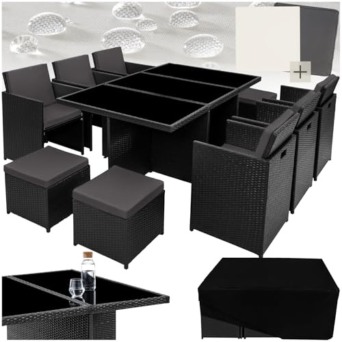 tectake® Salon de Jardin Exterieur en Résine Tressée Poly Rotin Salon de Jardin Table 10 Personnes Fauteuil Exterieur Encastrable Aluminium, 2 Sets de Housses + Housse de Protection – Noir