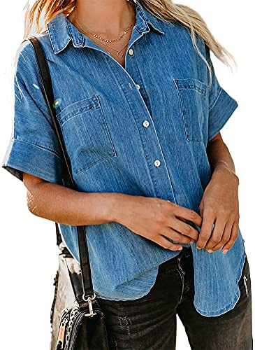 Camiseta Vaquera para Mujer Blusa De Jeans Camisa De Manga Corta Camisa Blusa Camisa De Mezclilla Tops Camiseta De Manga Larga A Azul Oscuro XXL