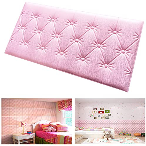 Cozylkx 3D Self Adhesive Foam Wall Panels, 23.6x11.8 Leather Cladded Decor Anti-Collision Soft Cushion Wallpaper for Wall Covering Kids Room Bed Headboards Safety, Pink, 10pcs