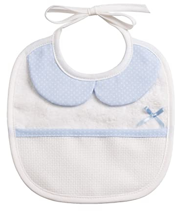 Filet AM243B Bavaglino Neonato in Morbida Spugna Bianca e Colletto Azzurro, Tasca in Tela Aida da Ricamare, Protegge da Pappa, Rigurgiti e Salivazione, 100% Made in Italy, Colore Cielo, Taglia unica