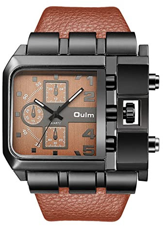 JewelryWe Mens Military Watch Big Square Dial Quartz Watch Casual Sports Leather Wristwatch