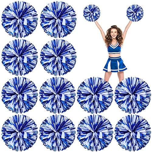Deekin 12 Pcs Cheerleading Pom Poms Cheerleader Squad Spirited Fun Pompoms 12 Inch Metallic Foil Cheer Pom Poms with Handle Flowers for Sport Team Dance Costume Party 50g Weight Each(Blue and White)