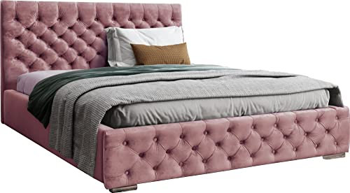 WFL GROUP Samtstoff Polsterbett Doppelbett 140x200 160x200 180x200 cm Bettgestell Mit Bettkasten Lattenrost und Gestepptes Kopfteil - Hydrophobe Stoff - Chesterfield-Stil - Rosa - 180 x 200 cm