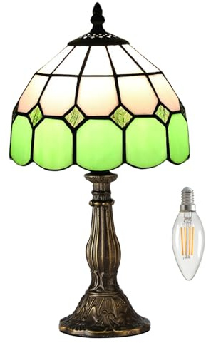 Kinbolas Tiffany-stil bord, art deco-belysning, handgjord lampskärm i målat glas, liten nattduksbord, sovrum, vardagsrum, medelhavsbord, dekoration, ljus med baser och s (grön B)