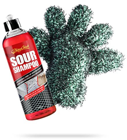 ShinyChiefs Sour Shampoo Auto Insektenlösekraft Set - Insektenentferner mit extremer Lösekraft - Schäumendes Auto Shampoo mit starker Reinigungskraft + FIVE FINGER FLEECY Waschhandschuh, 500ml