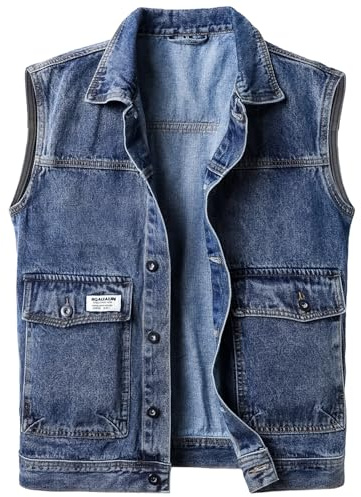 Harbrosrce Men's Denim Vest Gilet Casual Vintage Biker Sleeveless Jacket Cowboy Jeans Waistcoat Pockets Outwear