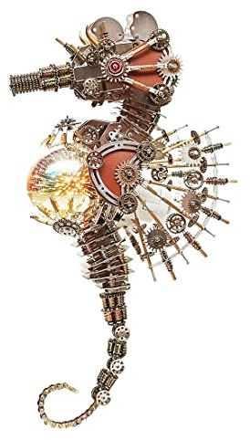 Meatalkitor - Lampada a forma di cavalluccio marino, puzzle 3D, stile steampunk, 2100 pezzi, in metallo, con luci a pianeta in 16 colori, decorazione perfetta per la stanza e scelta regalo