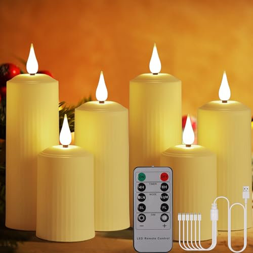 BOWKA 6 Stück LED Kerzen Wiederaufladbar Außenbereich Kerzenlichter mit Fernbedienung Timer Wasserdichte Flackerndes warmweiß Dimmbar Stumpenkerze USB-Kabel für Hause Garten Weihnachten Deko 6er/beige