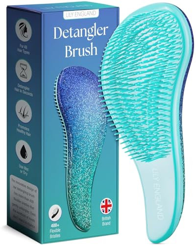 Haarbürste ohne Ziepen | Die Perfekte Detangler-Bürste für Locken, Glattes, Dickes, Dünnes Haar | Haarbürste für Kinder und Damen - Lily England Entwirrbürste für Lange Haare und Kurze (Blau-Glitter)
