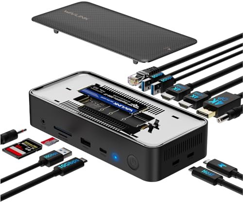 WAVLINK USB C Docking Station 3 Monitors, Laptop Docking Staion with 10Gbps M.2 PCIe/SATA SSD Enclosure, 4K@60Hz 2 HDMI/1 DP, 100W PD, USB C/USB-A Gen 3.2, SD/TF, Gigabit RJ45 for Windows