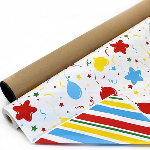 Papel de regalo para cumpleaños infantiles, reversible, de 60CM x 20M con diseño de globos y rayas. Perfecto para: Cumpleaños, fiestas infantiles, baby showers, Reyes Magos y Navidad.