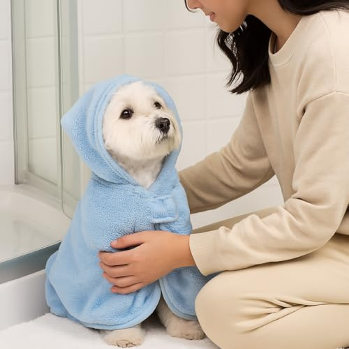 HEYPOMAX Pet Bath Towel Robe with Hood – Super Absorbent Dog Drying Coat for Dogs & Cats –Coral Fleece, Quick-Dry Wrap ([Baby Blue] Bathrobe,XS - for Pets Under 8.8 lb)
