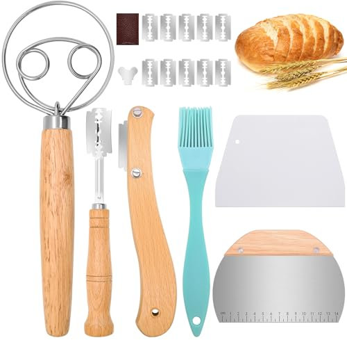 Mispudin Set de 6 Lame Boulanger - incl. Grignette Boulangerie avec 10 Lames Réchanges & Housse de Protection, Fouet Danois, 2 Grattoir à Pâte, Pinceau, Accessoires pour Faire du Pain