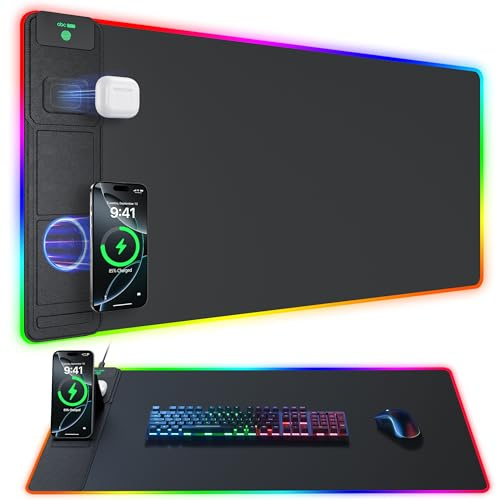 abc.mat 4-in-1 RGB Gaming Mouse Pad with Wireless Charging & Phone Stand, 31.5x15.8 Large, 24 Light Effects, Non-Slip Base, Waterproof Ultra-Smooth Surface, with Adatper
