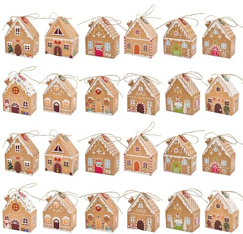 Lot de 24 boîtes de Noël en papier, motif maison en pain d'épices, calendrier l'Avent vide avec corde suspension, pour Noël, fêtes, friandises, biscuits, collations