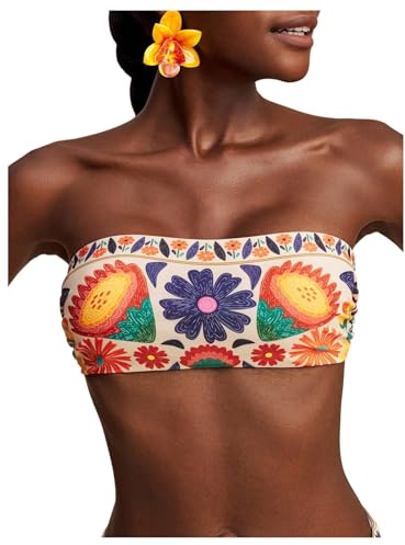 WDIRARA Women's Boho Floral Print Bandeau Bikini Top Strapless Swimsuit Tops Orange X-Large