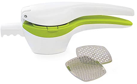RSVP International (SPUD) Potato Ricer, White/Green | Mash Potatoes, Fruits, Vegetables & More | Includes Medium & Coarse Plates | Pot Resting Extension | Dishwasher Safe