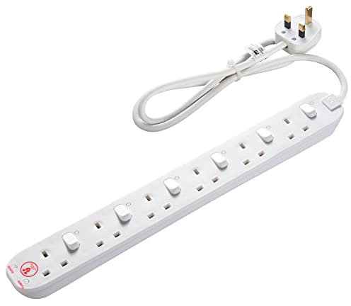 Masterplug Six Socket Power Surge Protected Extension Lead with Individual Switches, 2 Metres, White