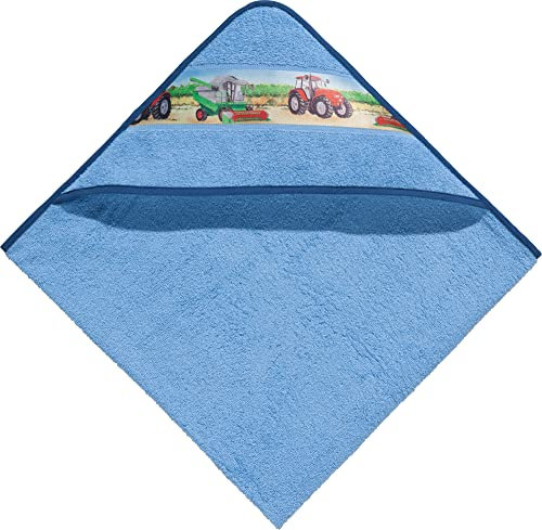 Erwin Müller Kinder-Kapuzenbadetuch, Kapuzenhandtuch Frottier hellblau Größe 140x140 cm - mit Webbordüre Traktor, Bauernhof, 100% Baumwolle (weitere Größen)