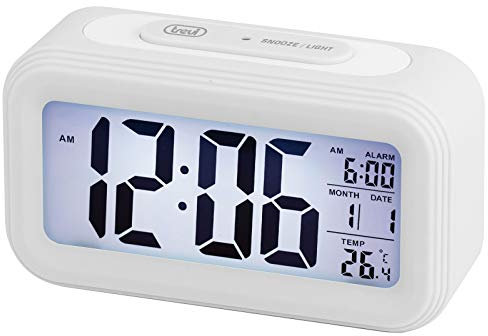 Trevi SLD 3068 S Orologio Termometro Digitale con Sveglia, Grande Display LCD, Calendario, Sensore per Illuminazione Automatica, Funzione Snooze, Bianco