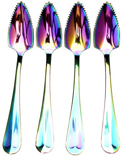 Set di pompelmo in acciaio inox, con finitura a specchio arcobaleno, cucchiai da pompelmo seghettati, cucchiaio da dessert all'ingrosso – 4 pezzi