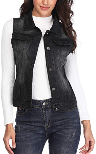 MISS MOLY Women's Denim Vest Cropped Classic Sleeveless Jean Vest Jackets With Flap Pockets Black 2XL