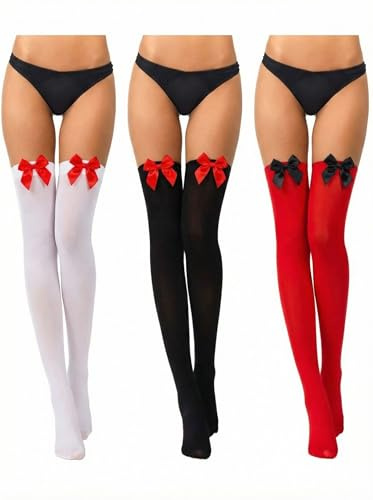 Boao 3 Pairs Women over Knee Thigh Highs Stockings with Bow for Women Thigh High Socks Dress for Daily Wear Cosplay