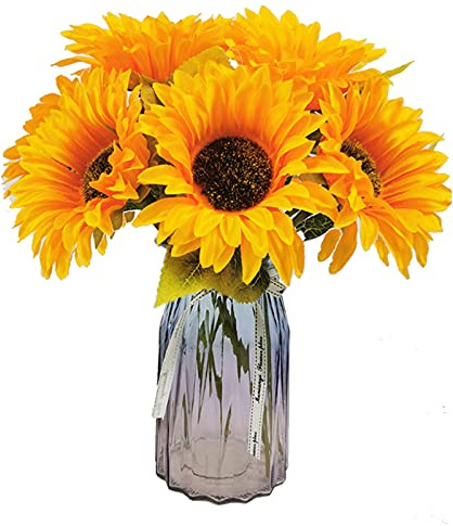 6 Bunches Artificial Sunflower Bouquet, Fake Silk Sunflower Flowers, Realistic Plants for Wedding Party Anniversary Home Office Table Centerpiece Décor(short)