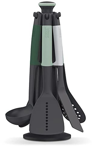 Joseph Joseph Elevate Küchenhelfer-Set, 6-teilig mit drehbarem Ständer, ergonomische Silikongriffe, antihaftbeschichtete Köpfe – Salbeigrün, Grün, 12