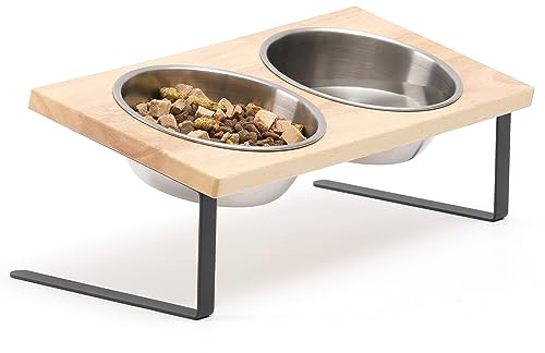 Elevated Cat Bowls, Small Dog 15° Tilted Raised Stainless Steel Bowl Stand, Solid Bamboo Food Water Bowl Set Feeding Station for Pets