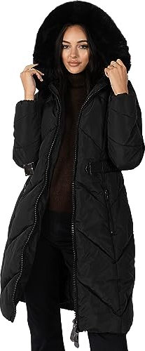 Lovedrobe Women's Winter Jacket Ladies Coat Quilted Padded Faux Fur Hood Belted Puffa Zip Front Pockets Puffer Outerwear, Black, 14