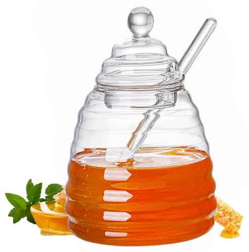 CaiYuanGJ Glas Honigtopf, Honigglas Aus Klarem Glas, Honigspender, Honigtopf mit Löffel und Deckel, Honiggläser Zum Servieren von Honig und Sirup (500 ml)