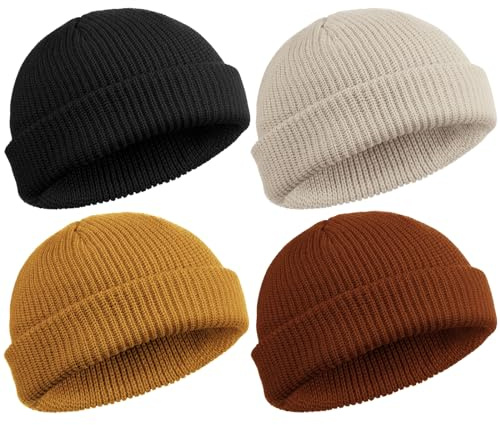 SATINIOR 4 Pieces Trawler Beanie Watch Hat Roll up Edge Skullcap Fisherman Beanie Unisex (Black, Khaki, Dark Caramel, Beige)