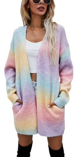 Jamron Femme Mode Tie-Dye Arc-en-Ciel Cardigan Manteau Long Léger Pull en Tricot Ouvert Devant