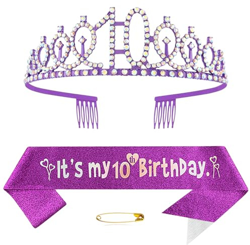 Écharpe violette pour 10e anniversaire de fille - Couronne de princesse - Diadème en strass - Décorations de fête d'anniversaire pour filles - Fournitures de fête d'anniversaire pour 10 ans