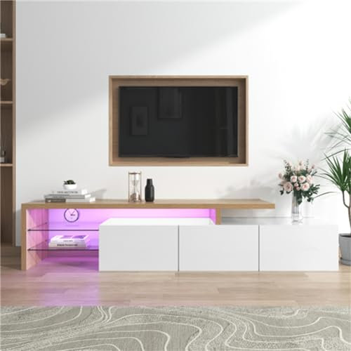Mobile TV Con 3 Ante E Ripiani Aperti Mobile TV Basso Aspetto Legno Ripiani In Vetro Mobile TV Credenza Con Illuminazione A LED Supporto TV Per Soggiorno Sala Da Pranzo Mobile TV Bianco