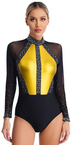 Alvivi Damen Ballettanzug Glitzer Turnanzug Langarm Gymnastikanzug Patchwork Ballett Trikot Tanzbody Gymnastik Leotard Wettbewerb Tanzkostüm Gold S