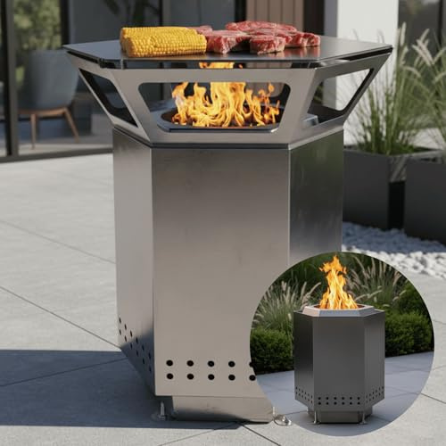 Terma 2IN1 Smofree klein Edelstahl Feuerstelle inkl. Feuerplatte Raucharm Größe 63x76 cm für Terrasse & Garten Made in Germany Holzkohlegrill Fast rauchfrei Feuerkorb