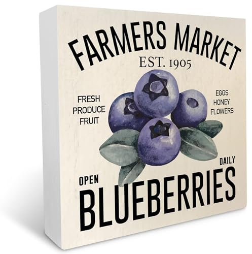 Blueberry Artwork Panneau de boîte en bois rustique style ferme d'été marché fermier myrtille Plaque en bois 12,7 x 12,7 cm Décoration pour la maison, la cuisine, le bureau