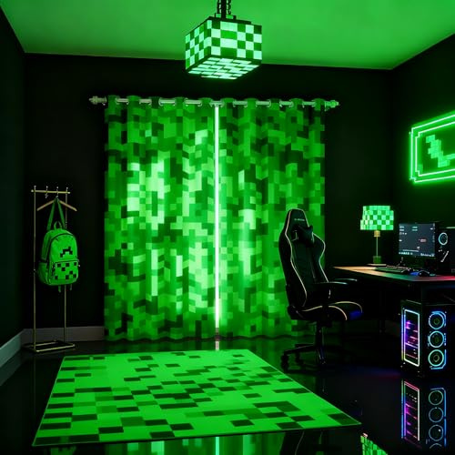 Green Pixelated Miner Curtains,Video Games Window Curtain,Kids Boys Girls Teens Room Decor,Cartoon Gamepad Window Treatment Curtain Modern Geometric Check Window Drapes,2 Panels,38Wx54L