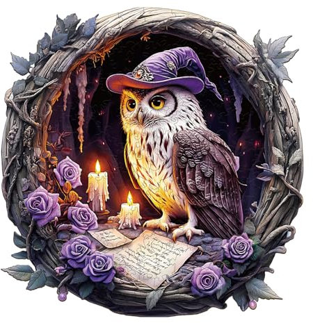 KAAYEE Holzpuzzle Erwachsene, Hexenkauz Katze Holz Puzzle Erwachsene,Unregelmäßige Einzigartige Puzzle,Einzigartige TierföRmige Holzpuzzles, mit Geschenkbox aus Holz(34 x 33.2 cm, L)