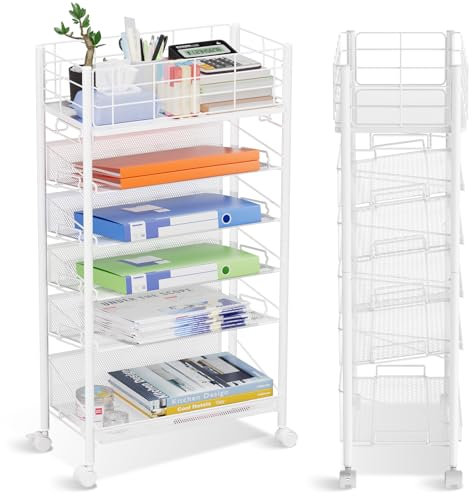 Rollbarer Aktenwagen mit Rädern, 6-stufiger Roll-Aktenwagen aus Metall für neben dem Schreibtisch, mobiler Bücherwagen mit Rädern für Büro, Zuhause, Schule, Bibliothek, Lehrerzimmer, Weiß