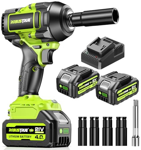 Robustrue 1100 N·m Llave de Impacto, 21V Inalámbrica sin Escobillas Pistola de Impacto & 2 x Baterías de 4000mAh, 1/2 llave de impacto con 4 Dados – Para Coche, Furgoneta, Cortacésped